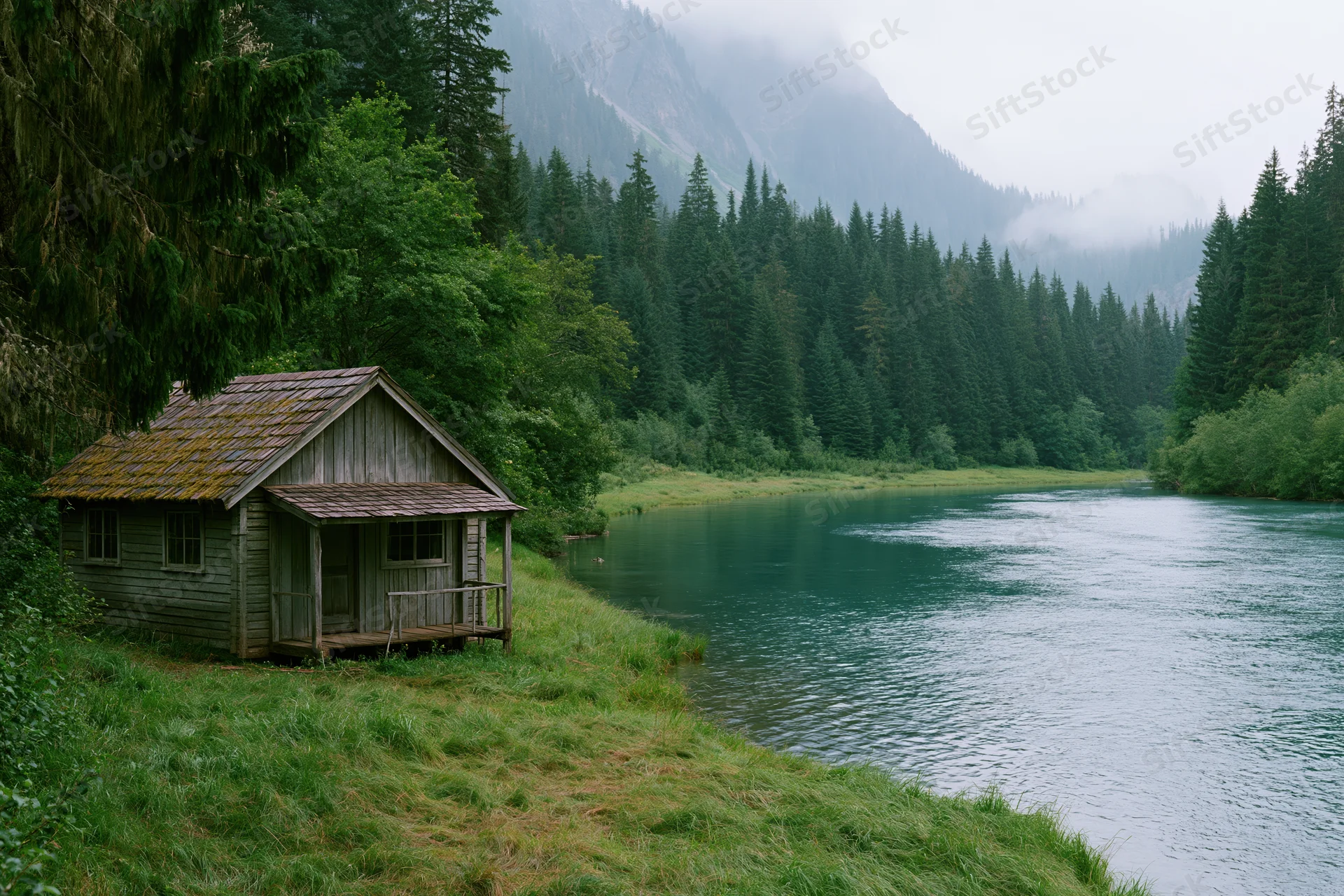 Weathered wooden cabin with porch beside a calm river in a forested mountain valley