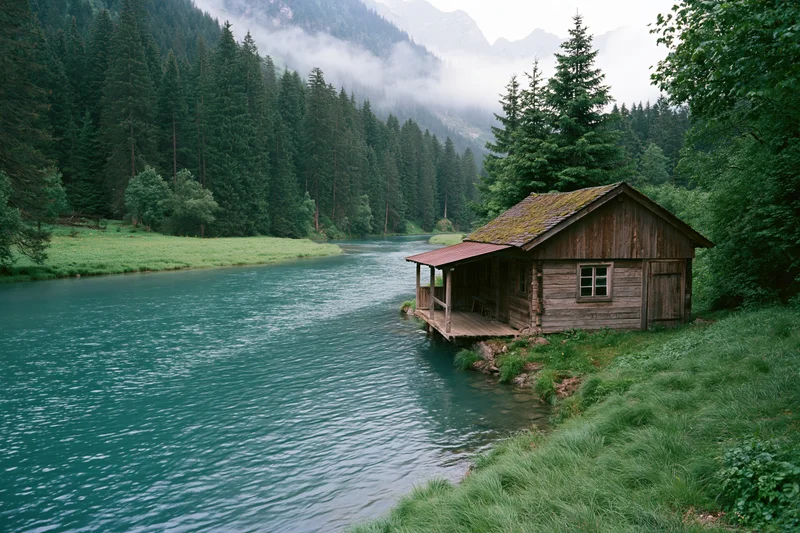 Weathered wooden cabin with porch beside a river in a forested mountain valley