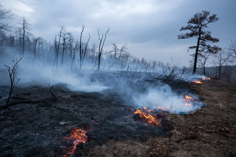 Smoldering forest floor with scattered flames and smoke rising from charred ground under overcast sky