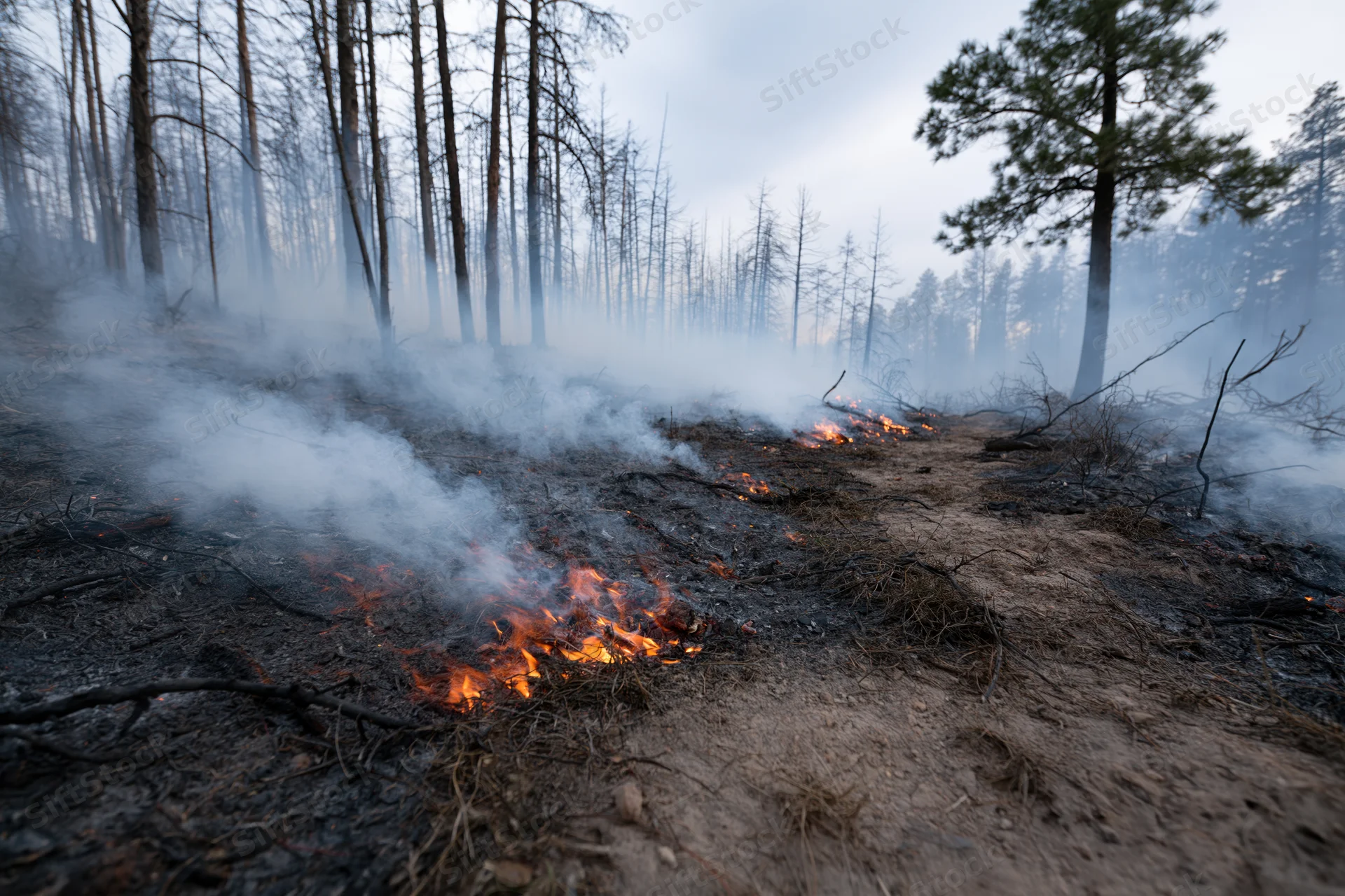 Smoldering forest floor with flames and smoke rising from charred ground among burnt trees