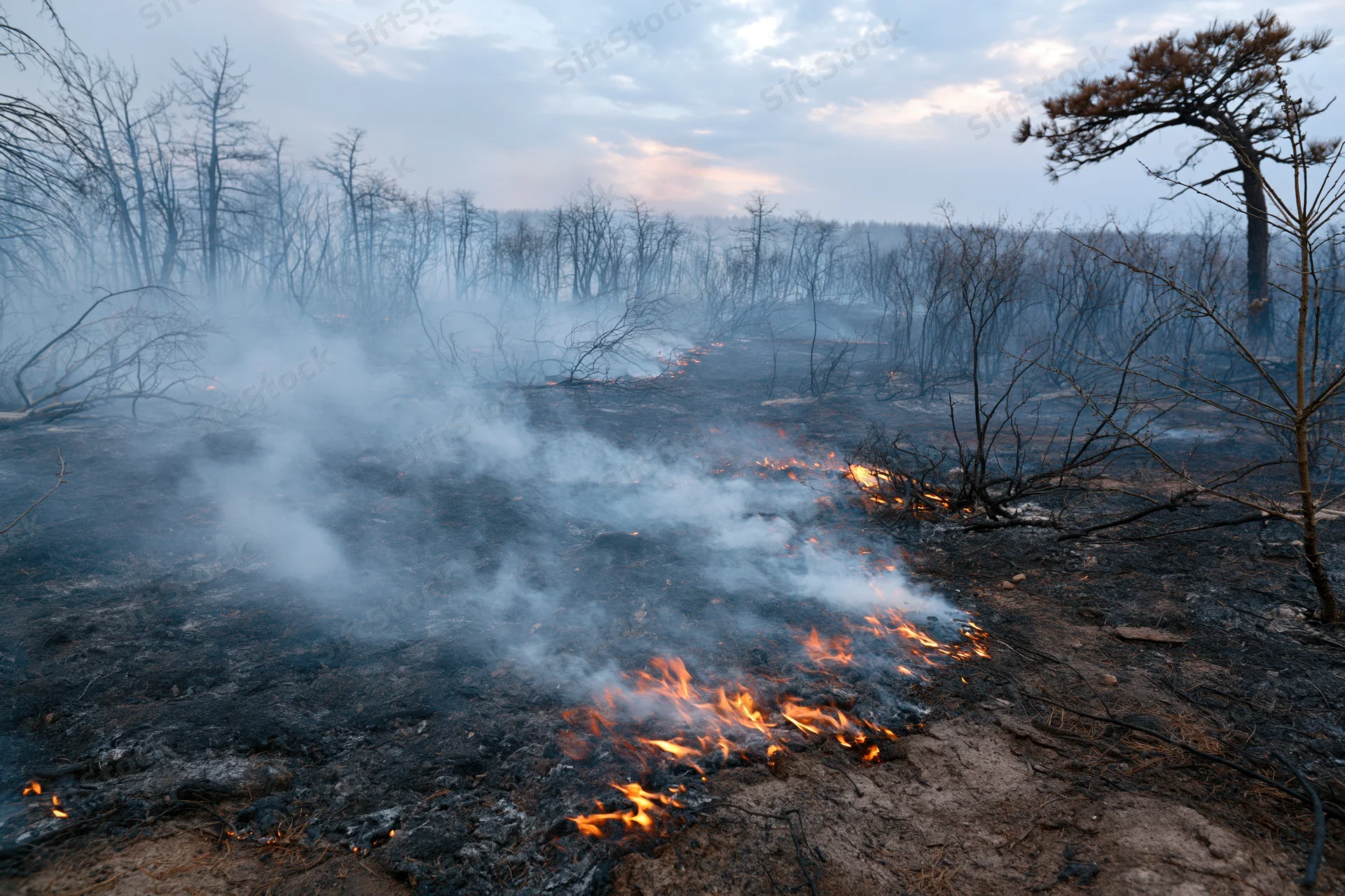 Smoldering forest floor with flames and smoke rising from charred ground under overcast sky