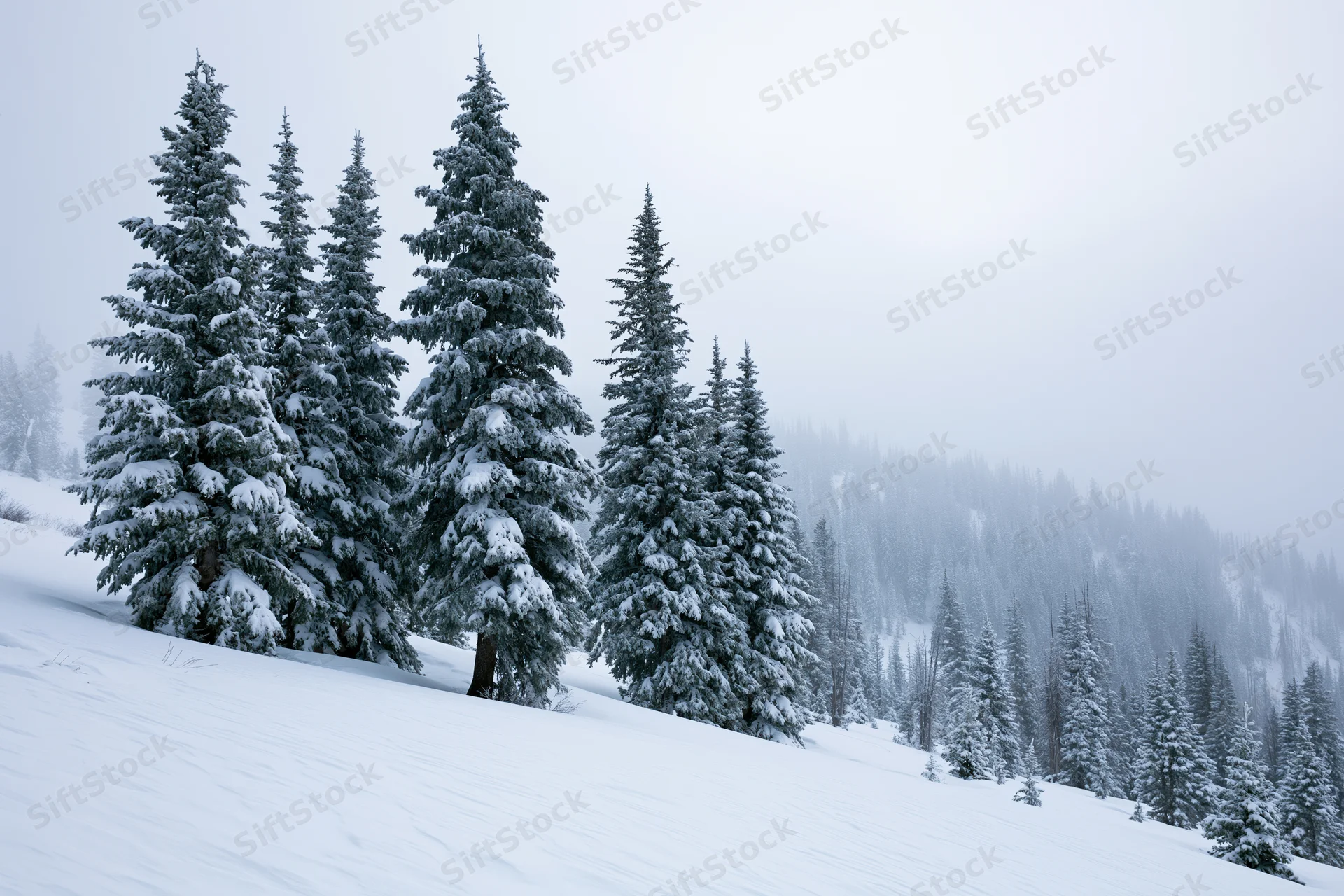Snow-laden spruce trees on a mountain slope under overcast sky