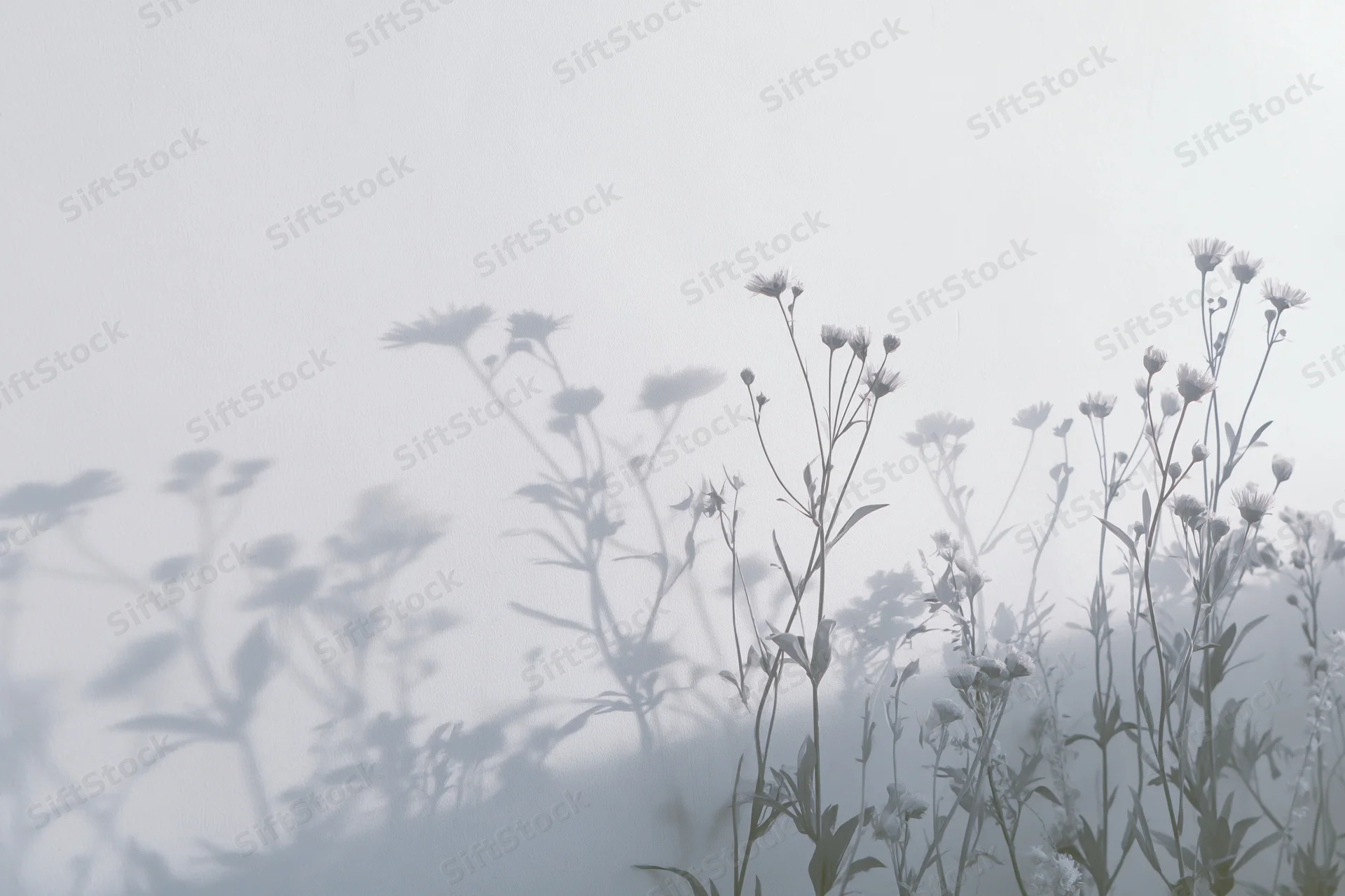 Wildflowers casting soft shadows on a misty surface