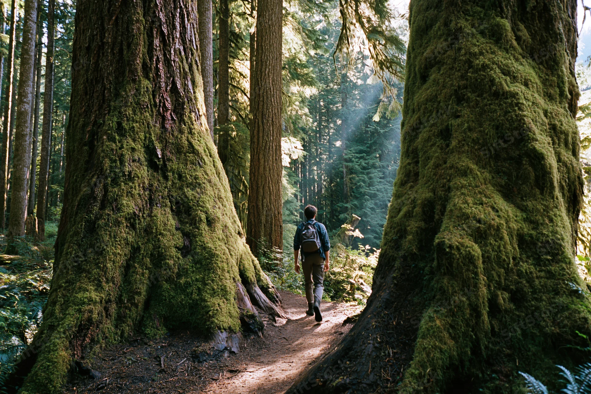 Hiker walking along a narrow dirt path between moss-covered trees in a dense forest