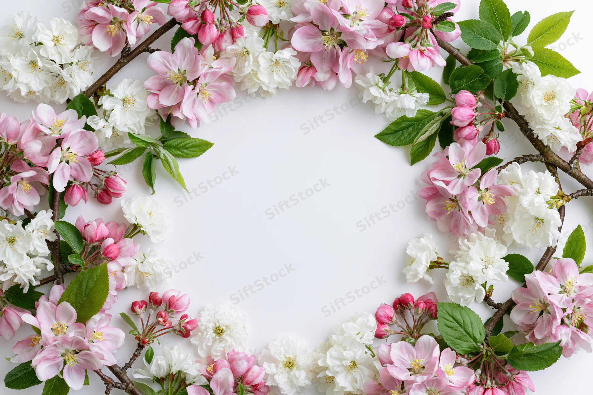 Spring blossoms arranged in a circular frame on white background with copyspace
