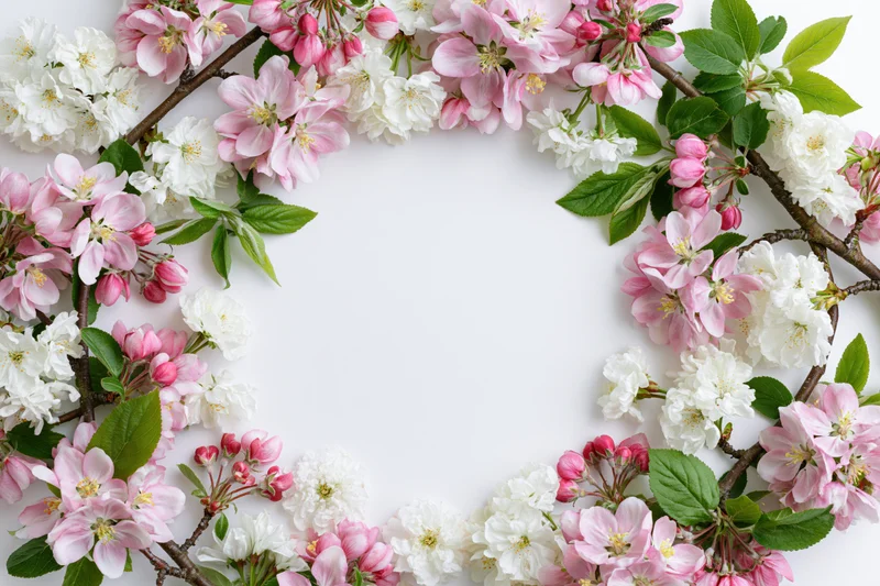 Spring blossom branches arranged as border frame around space