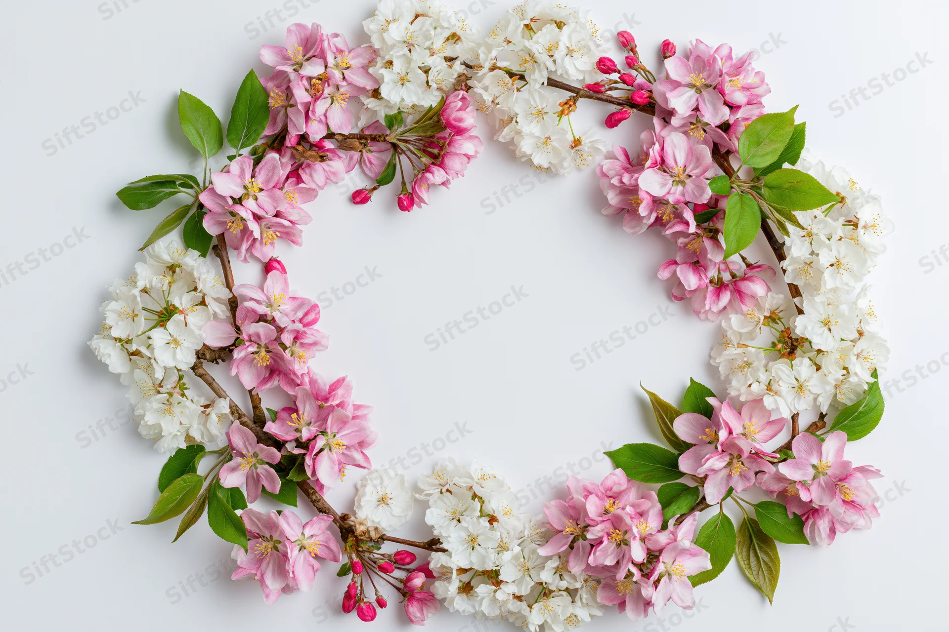 Spring blossoms arranged in a circular floral frame on white background with copyspace