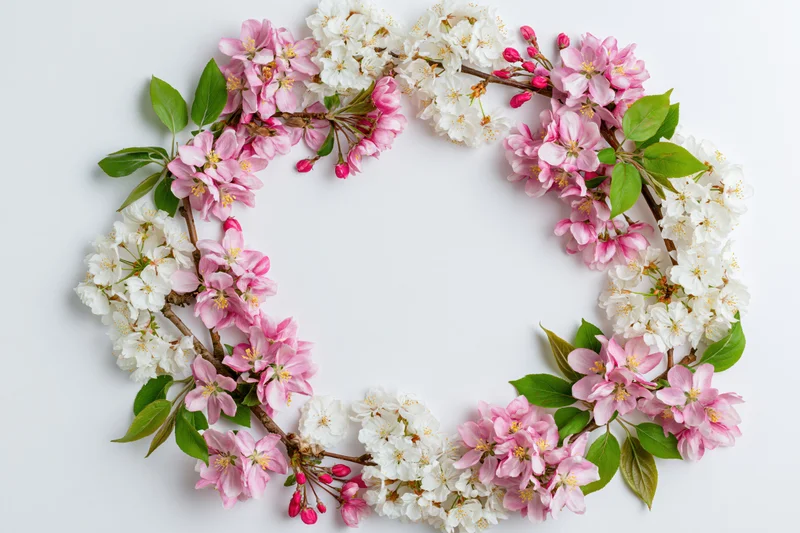 Spring blossoms arranged in a circular floral frame on white background with copyspace