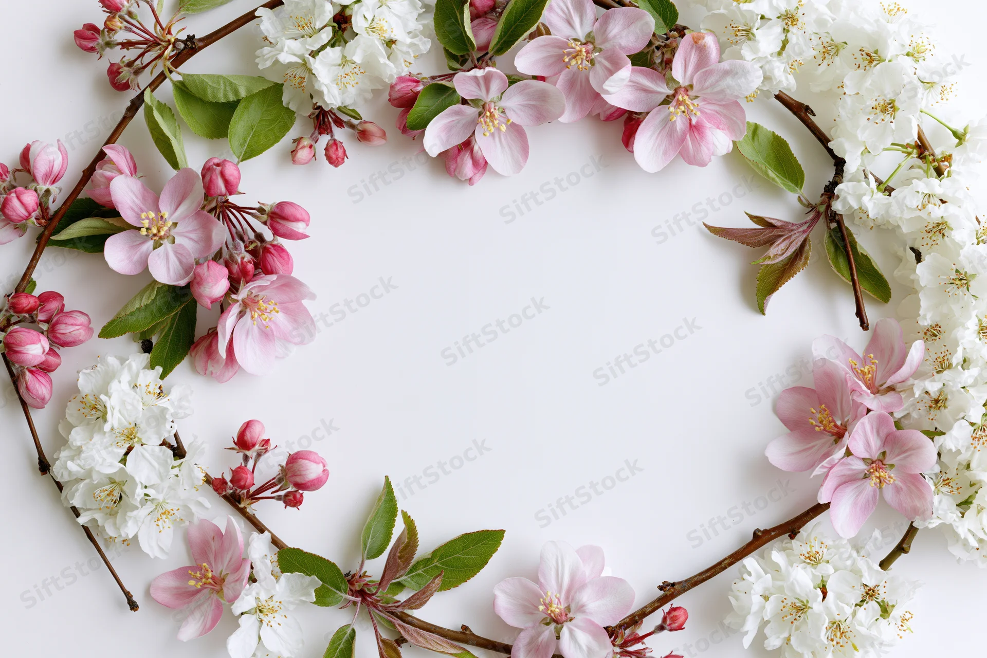Spring blossoms and branches arranged as a floral border frame on white background with copyspace