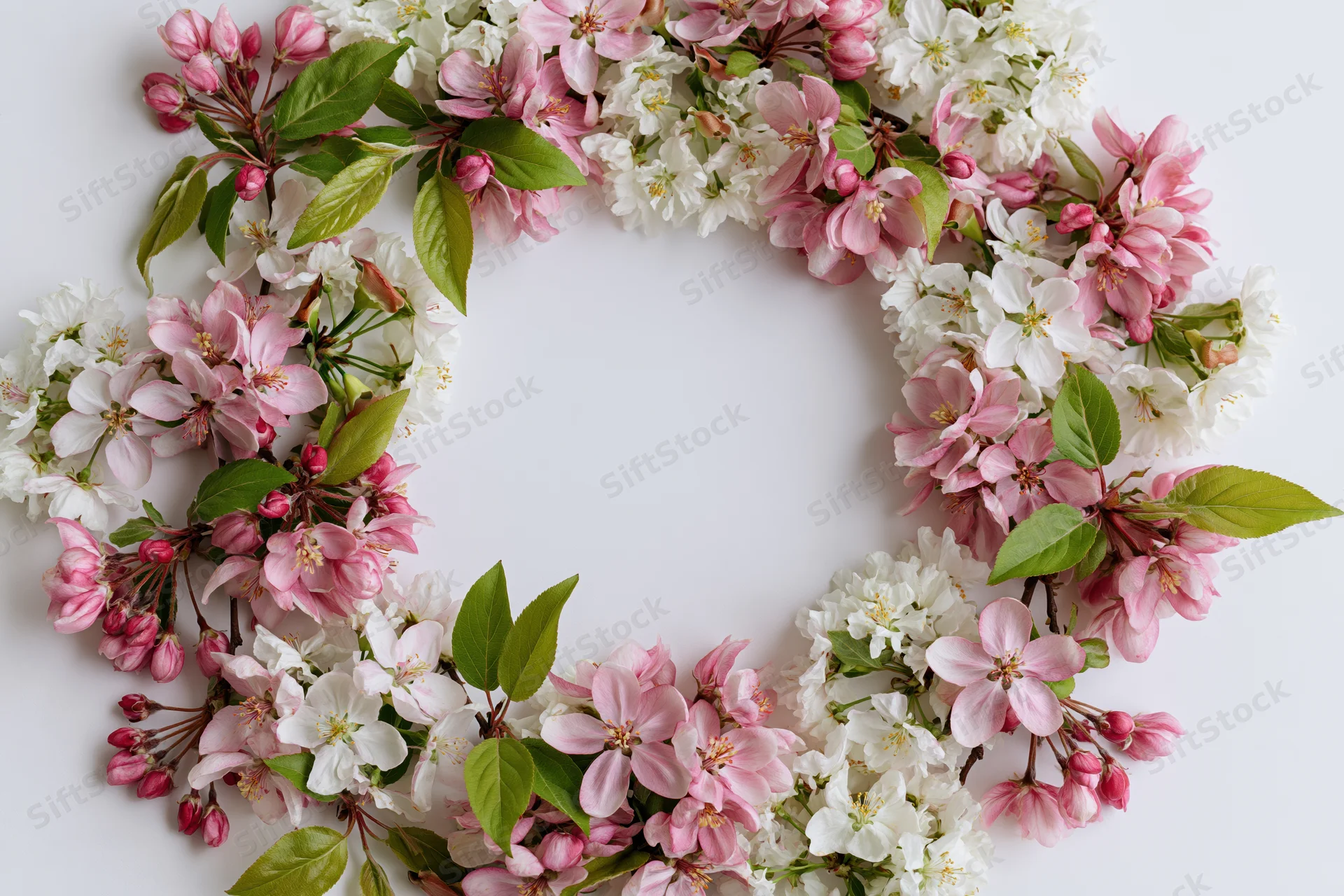Spring blossoms and green leaves arranged in a circular frame on white background
