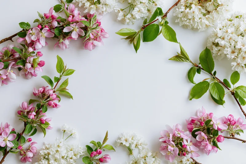 Spring blossoms arranged as a natural border frame on white background