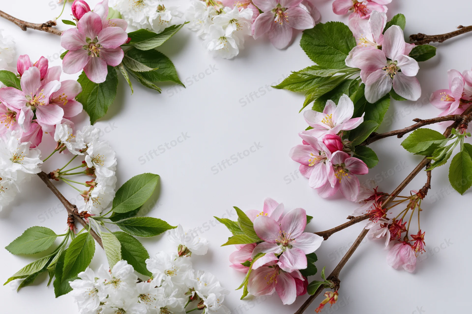 Cherry blossom branches arranged as a natural border frame on white background