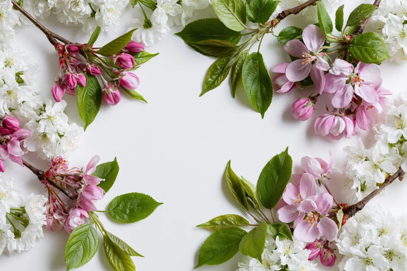 Spring blossom branches arranged as a natural border frame on white background