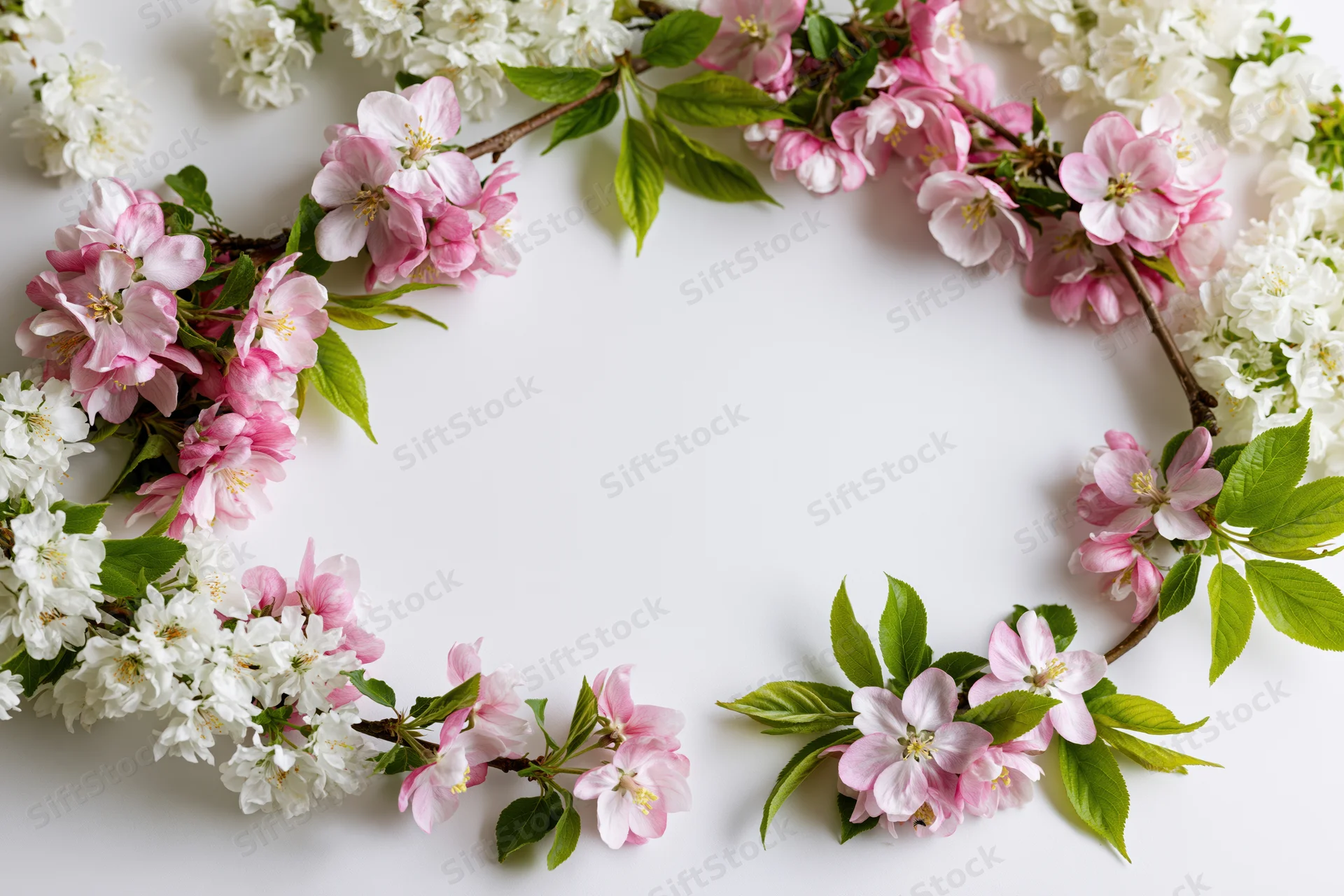 Spring blossoms arranged in a circular frame on white background with copyspace
