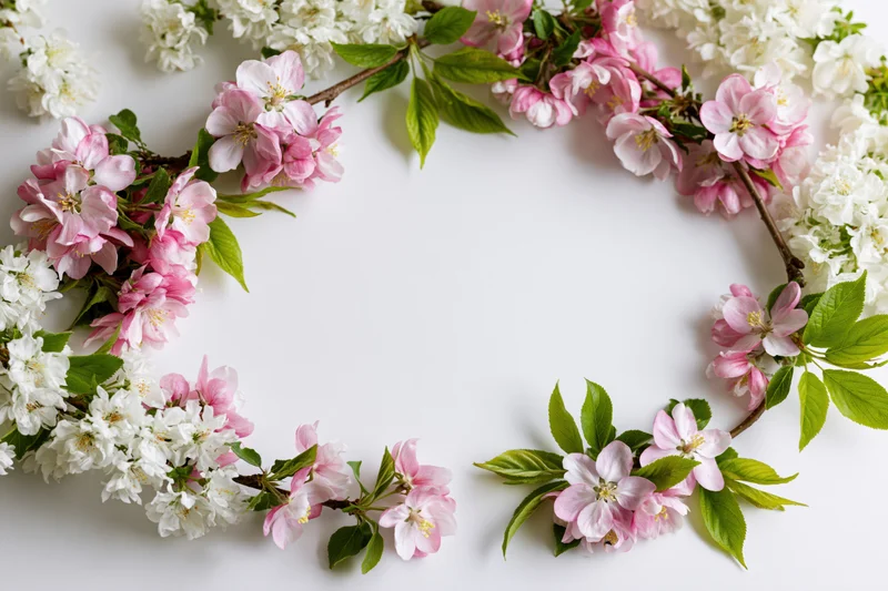 Spring blossoms arranged in a circular frame on white background with copyspace