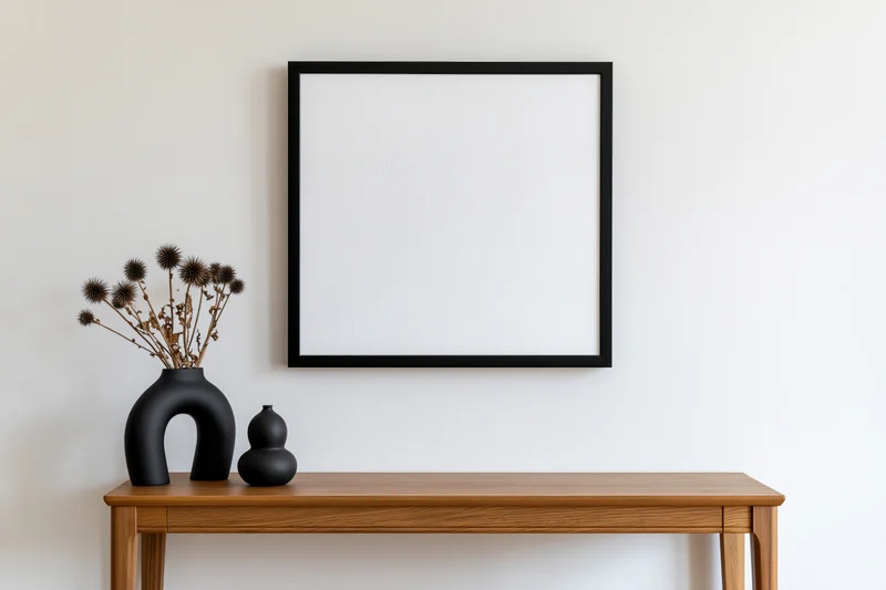 Square black-framed empty white canvas mounted on pale white wall above wooden console table with black vases and dried flowers