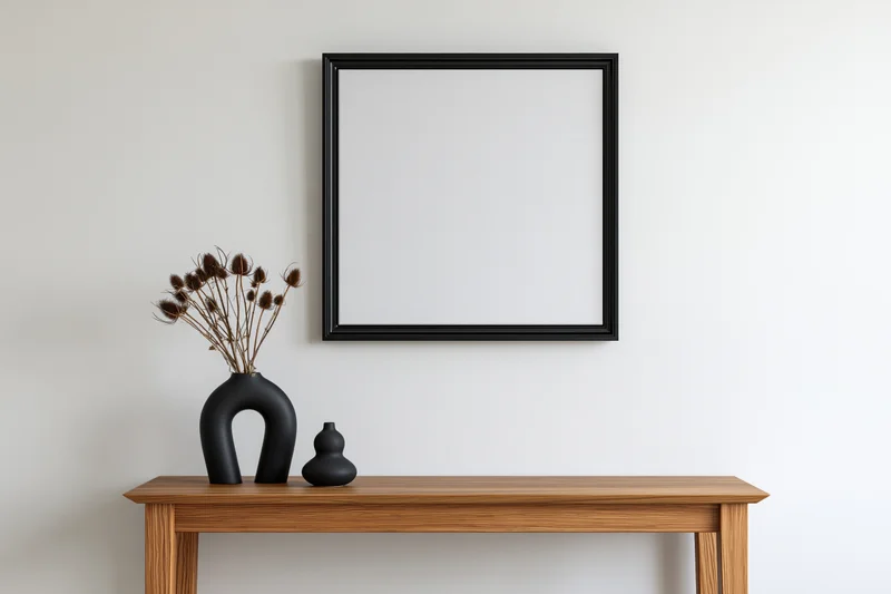 Square black frame mounted on white wall above wooden console table with black vases and dried flowers