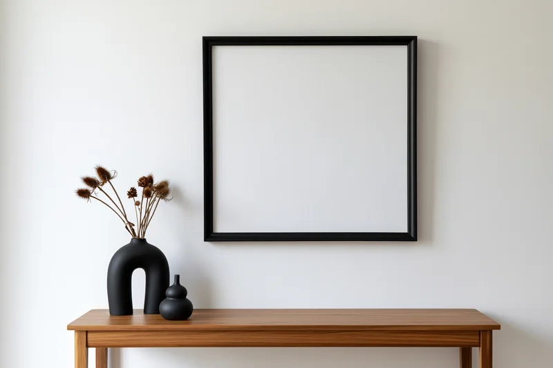 Square black frame mounted on white wall above wooden console with black vases and dried flowers