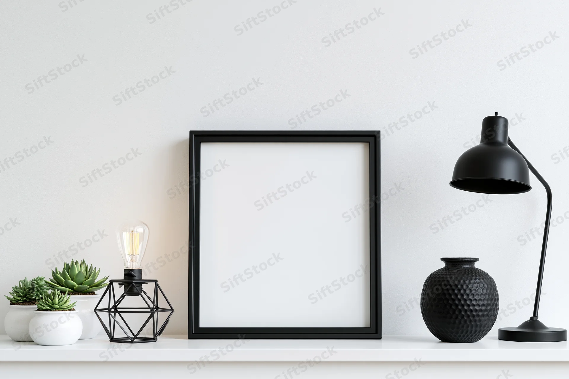 Square black frame with blank white interior on white shelf beside lamp, vase, and succulents