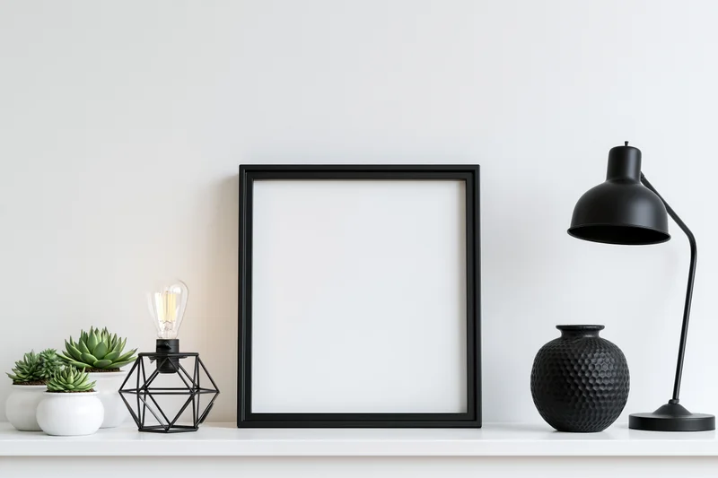 Square black frame with blank white interior on white shelf beside lamp, vase, and succulents