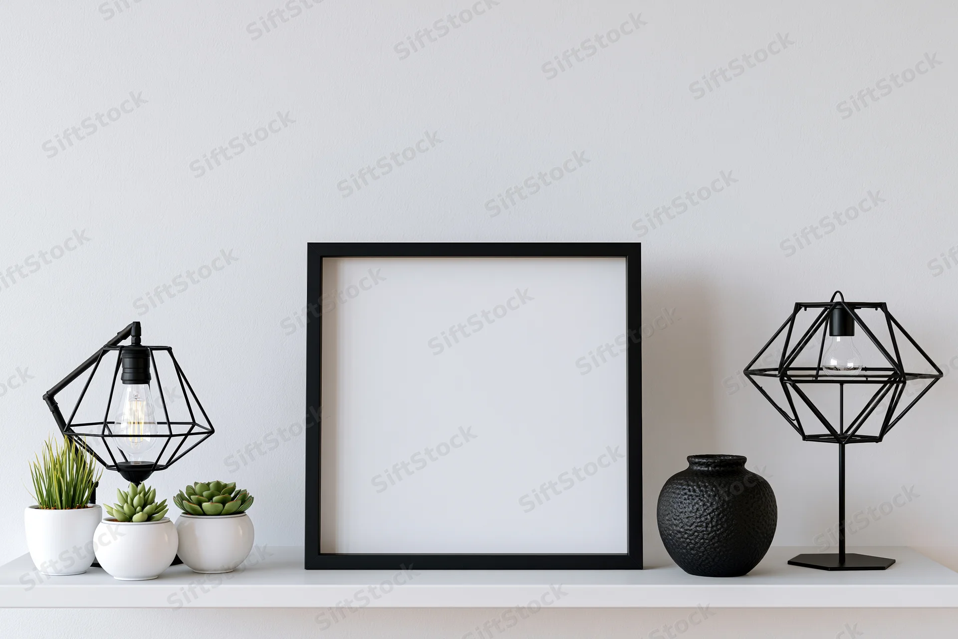 Square black frame with blank white interior on a white shelf flanked by succulents and geometric lamps