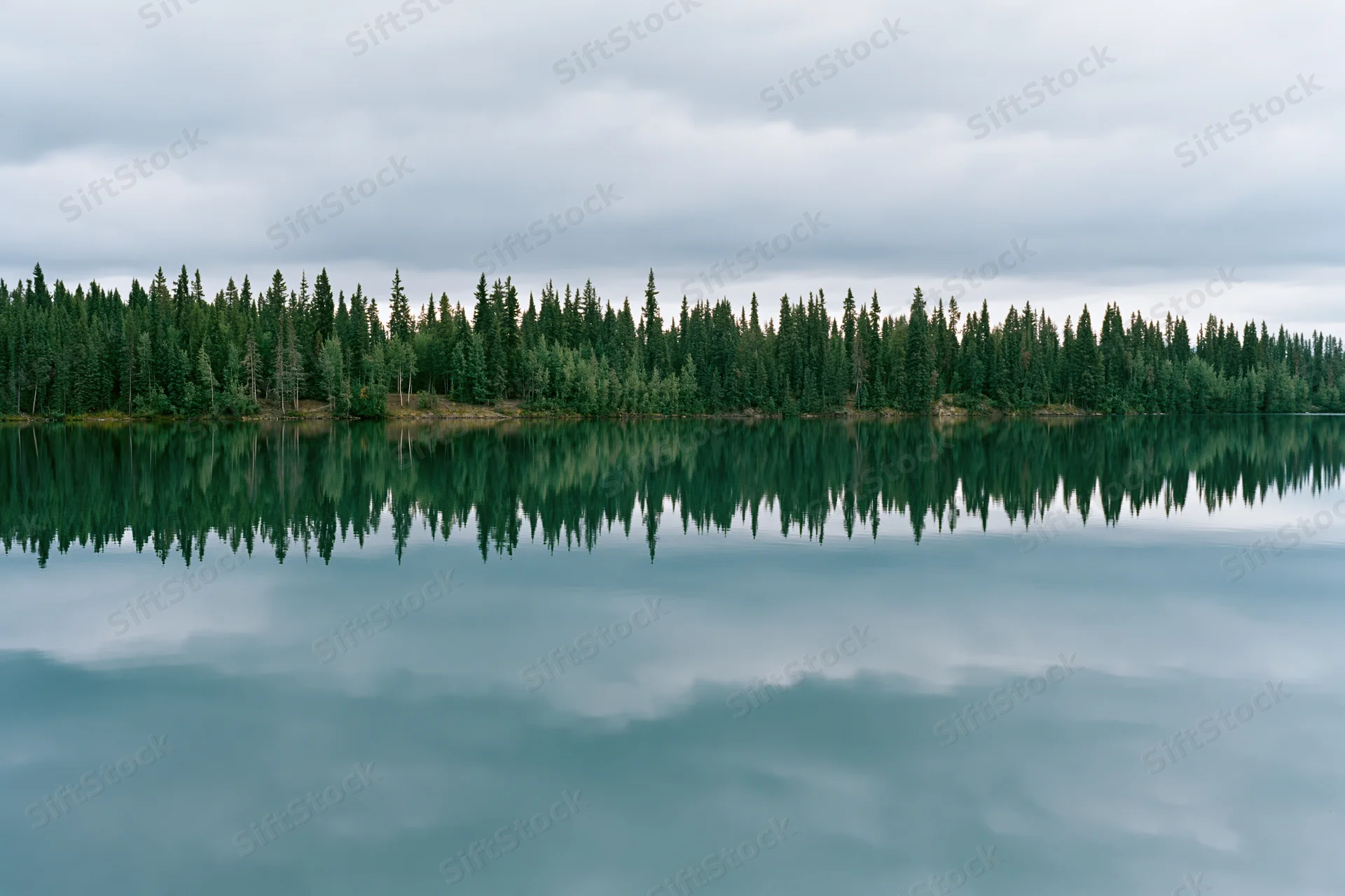 Still glacial lake perfectly mirroring dense boreal forest under overcast sky