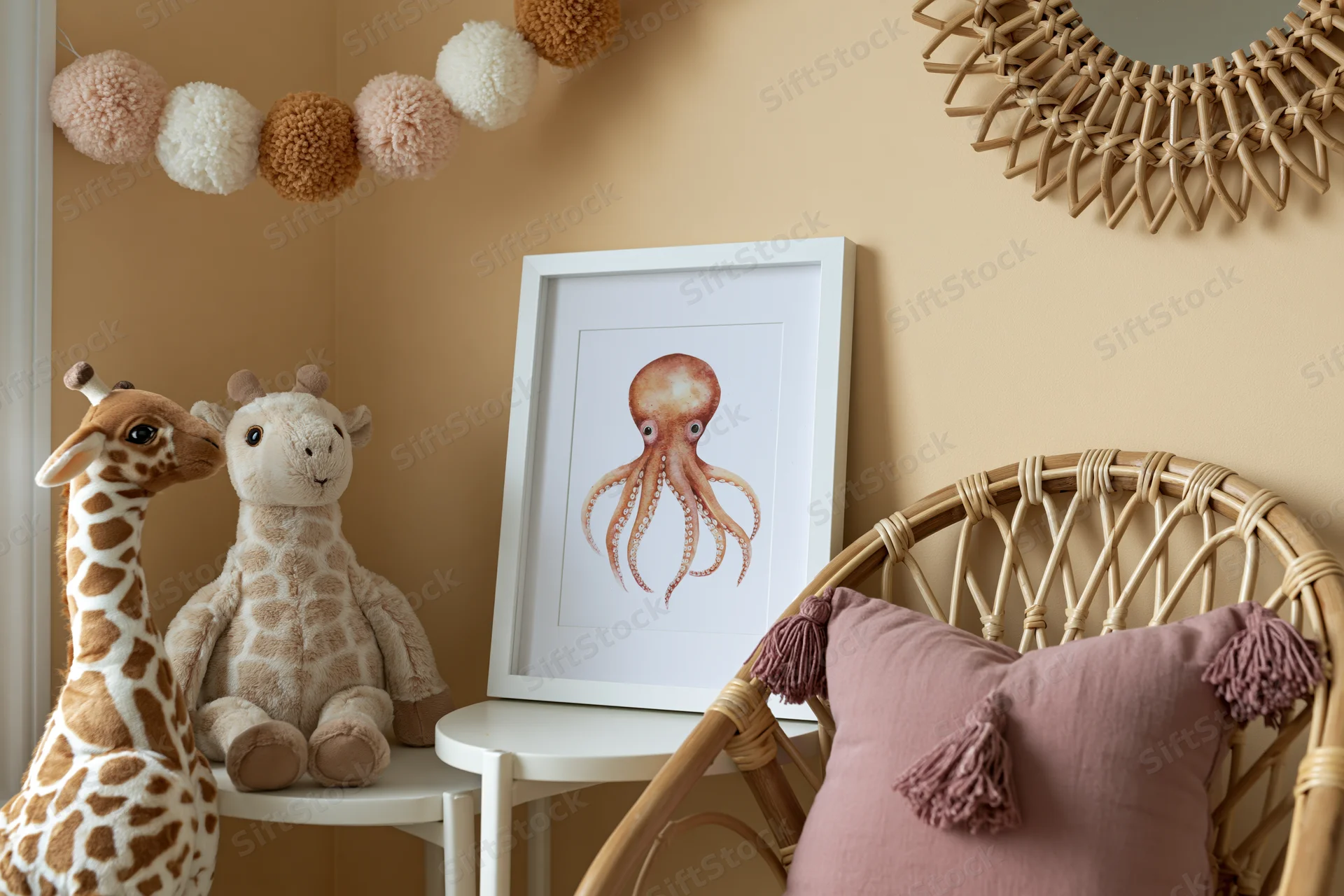 Framed octopus artwork on a white table beside stuffed giraffes and a rattan chair in a children's room