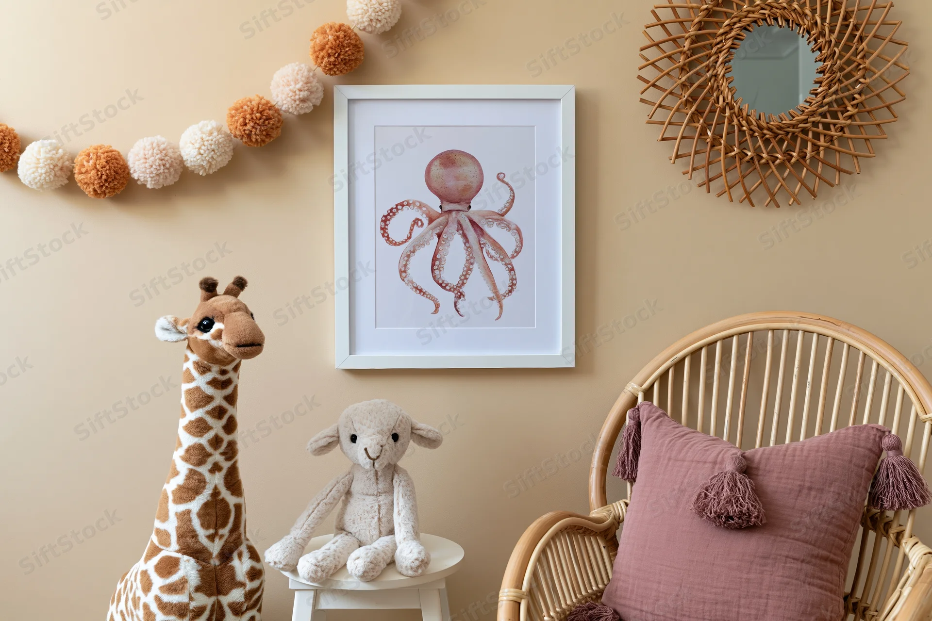 Framed octopus artwork on beige wall above stuffed giraffe and lamb in childrens room with rattan chair and pompon garland