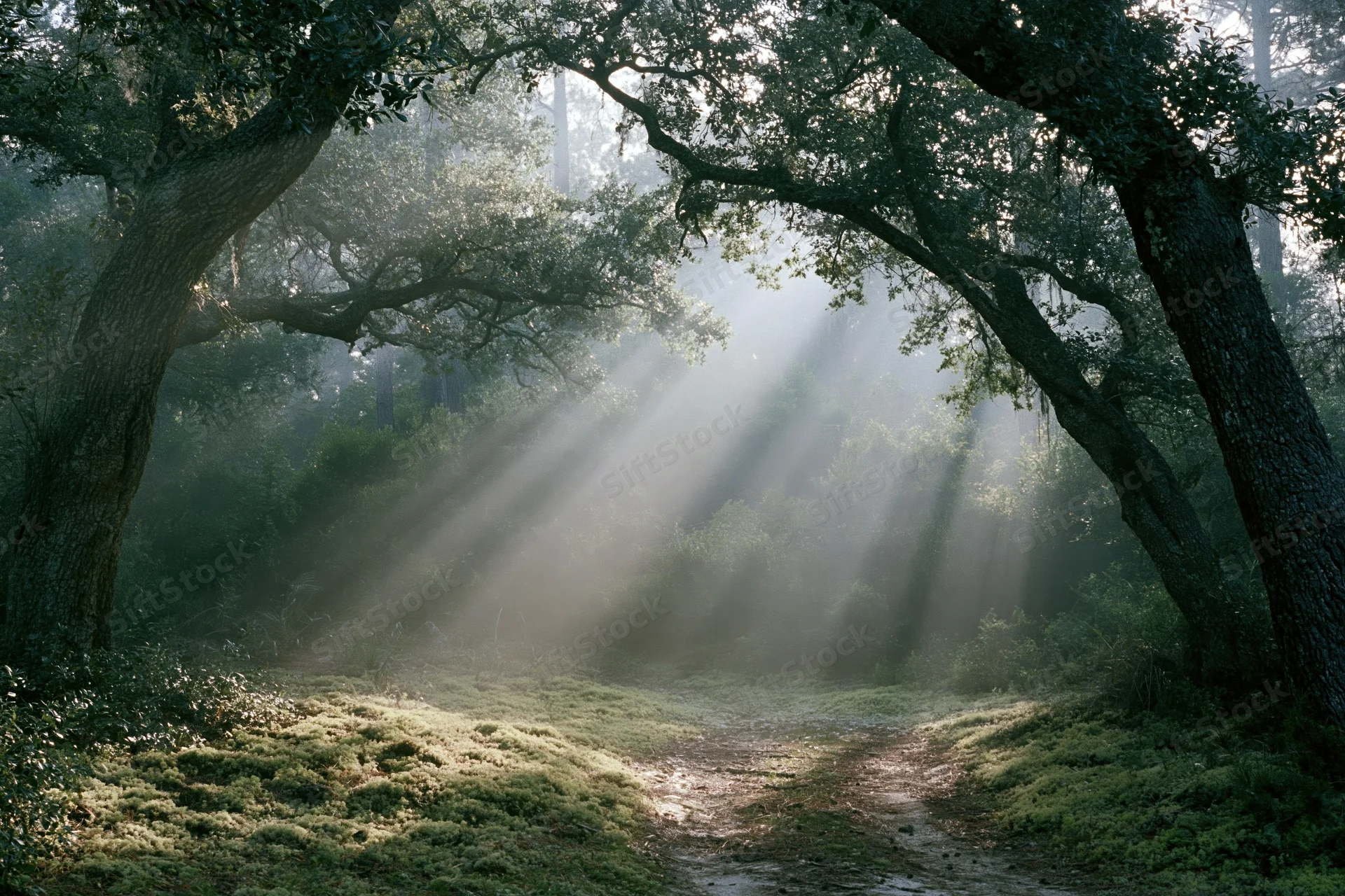 Sunlight breaking through dense forest canopy onto a mossy path in the morning mist