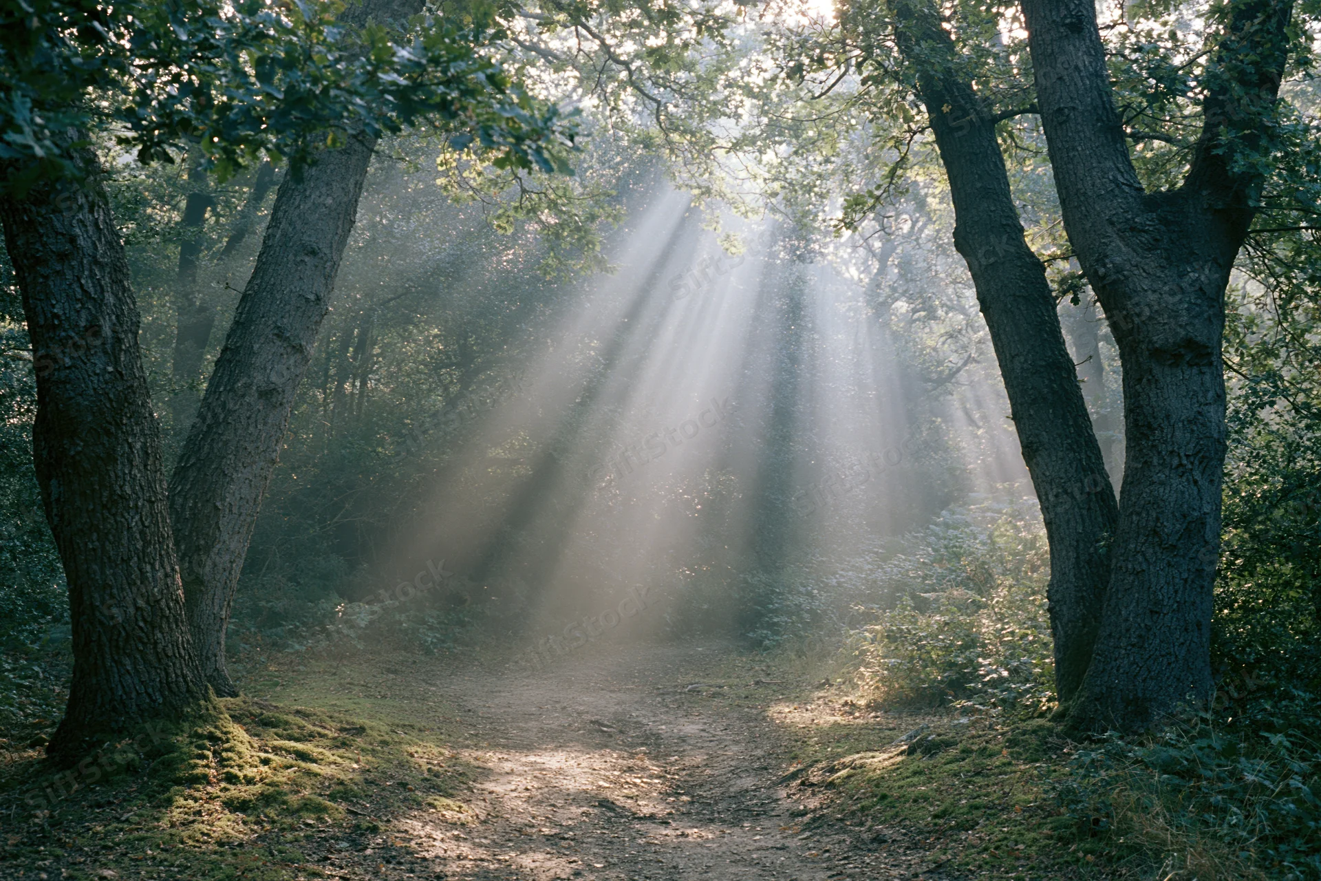 Sunlight breaking through dense forest canopy onto a mossy path