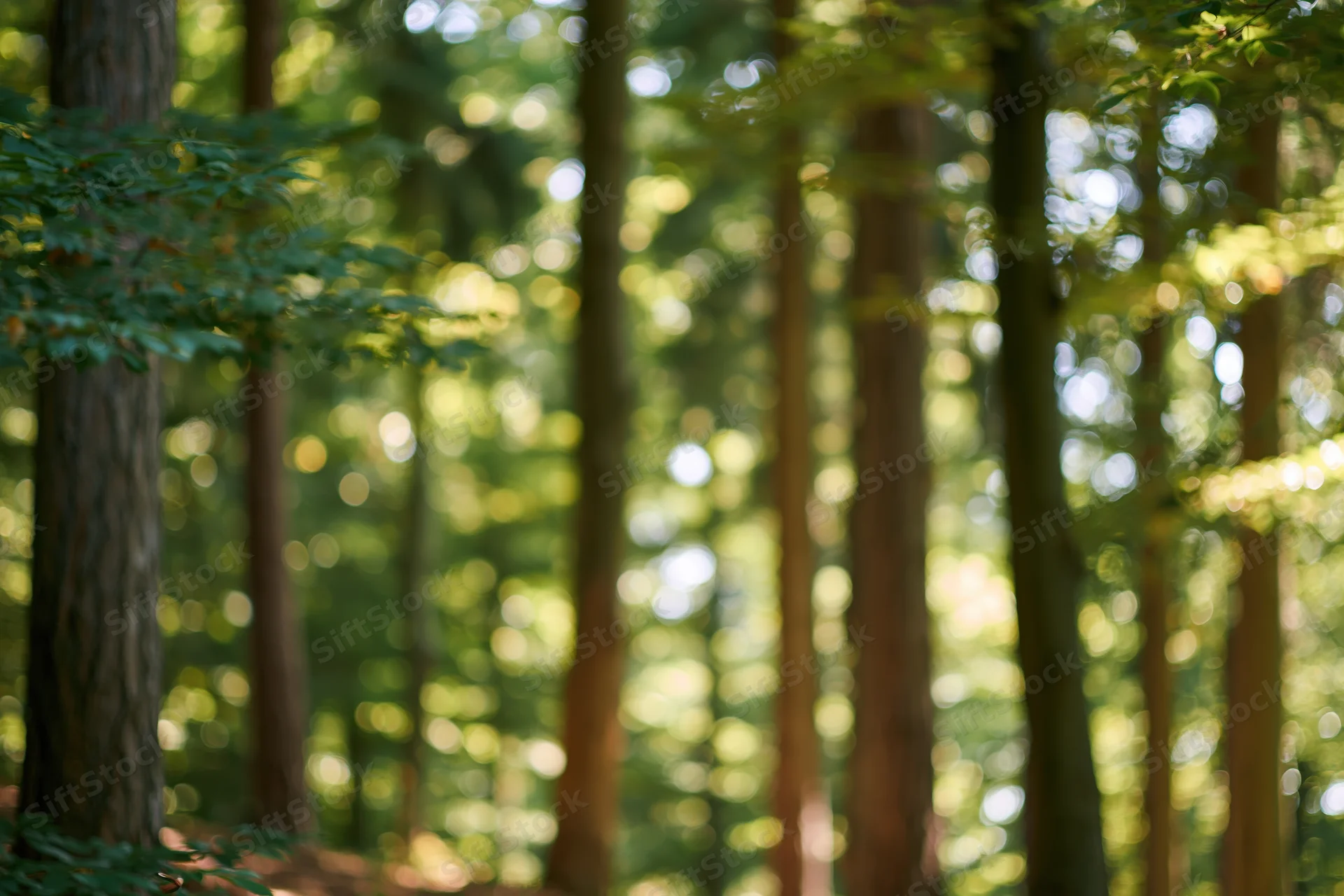 Sunlit forest interior with tall tree trunks receding into soft-focus greenery