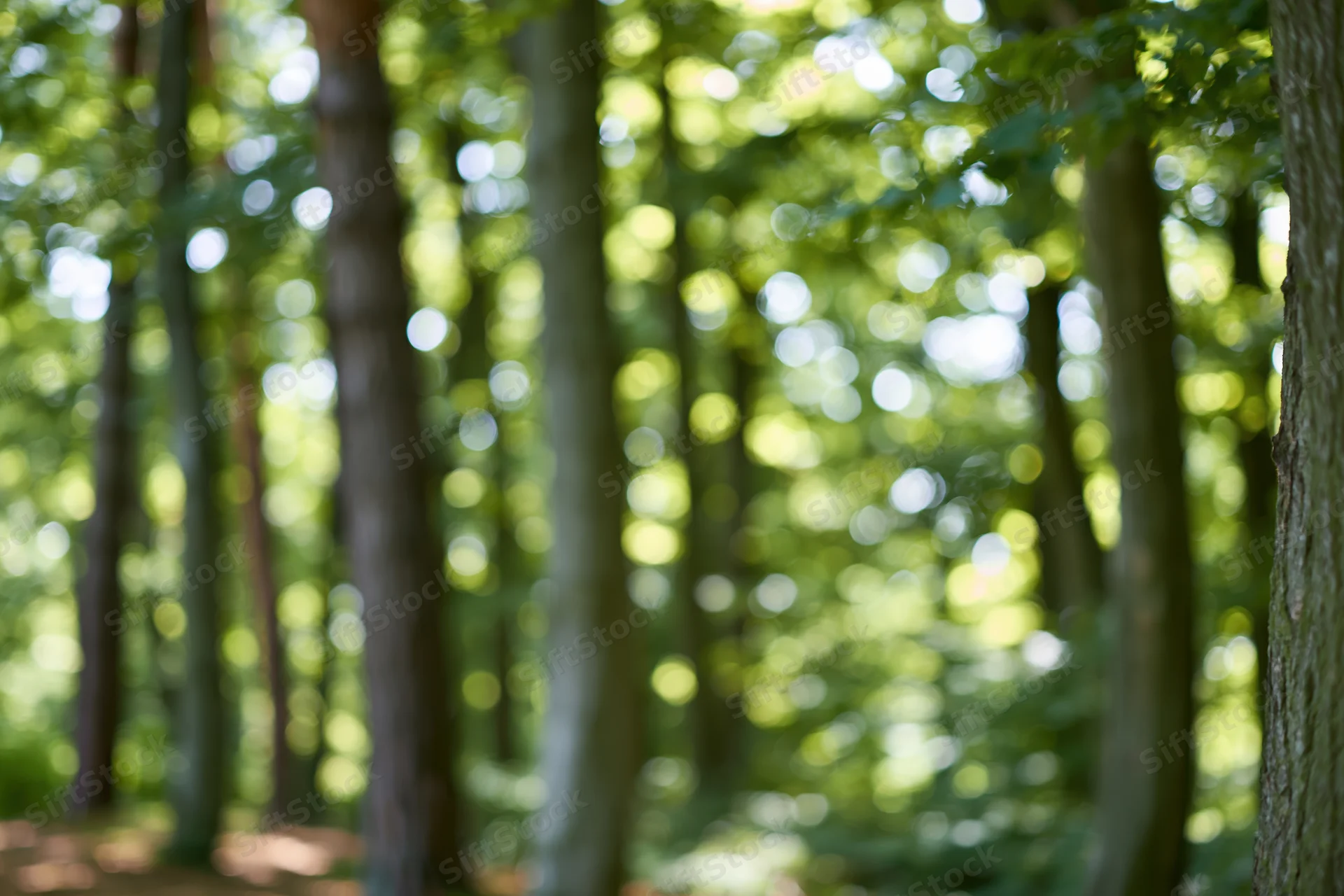 Sunlit forest interior with tall tree trunks receding into soft focus, dappled light filtering through green foliage
