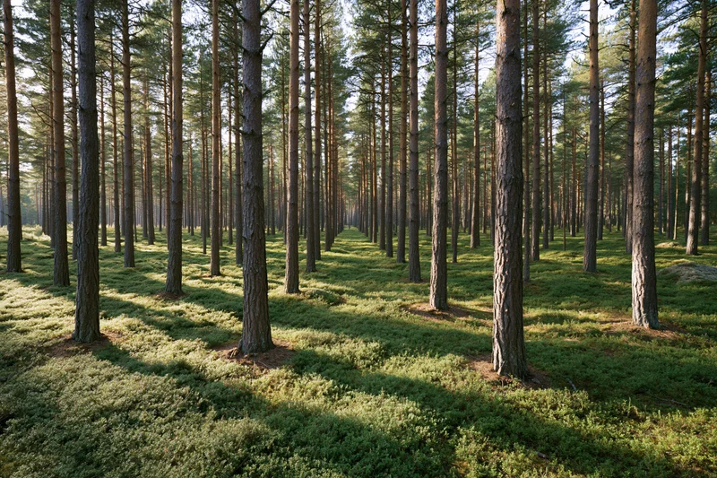 Tall scots pine trees standing in a moss-covered forest floor with sunlight filtering through the canopy