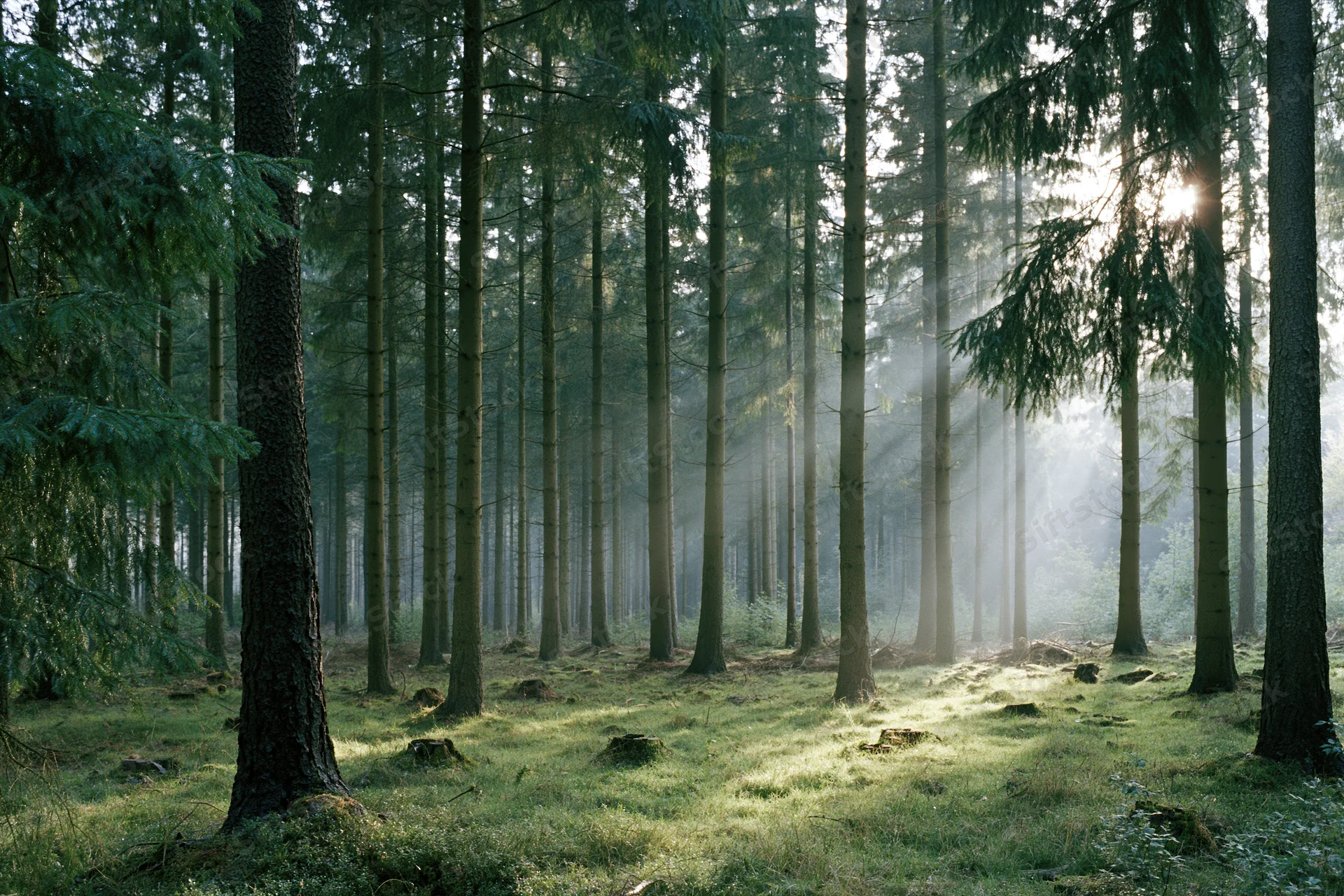 Morning sunlight filtering through tall conifer trees in a misty forest interior