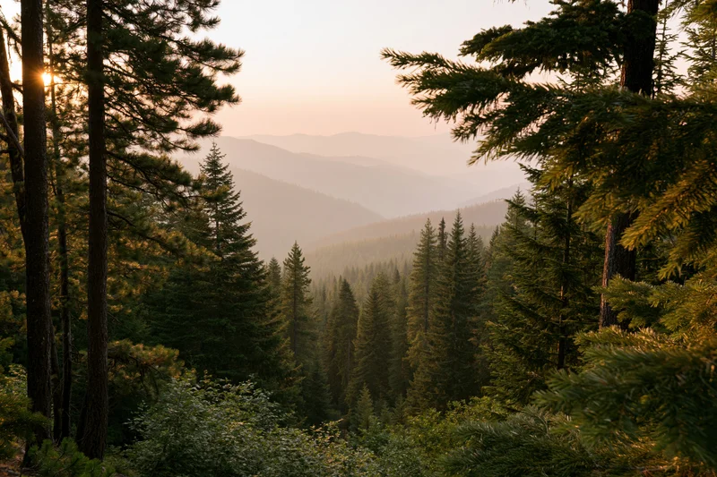 Conifer forest opening to layered mountain vista at sunset