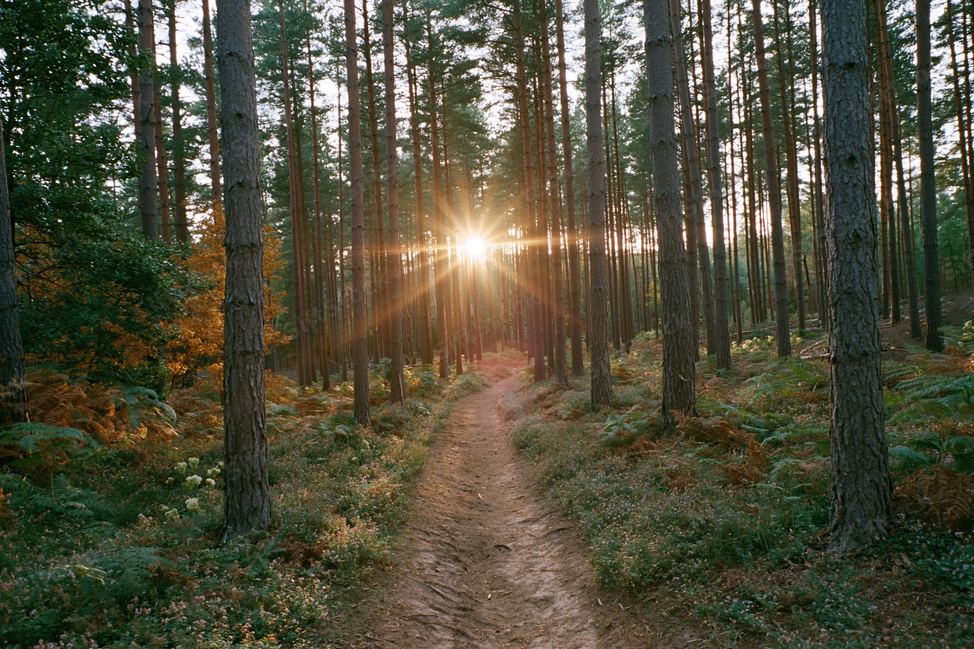 Narrow dirt path winding through tall pine forest with sunlight streaming through trees at golden hour