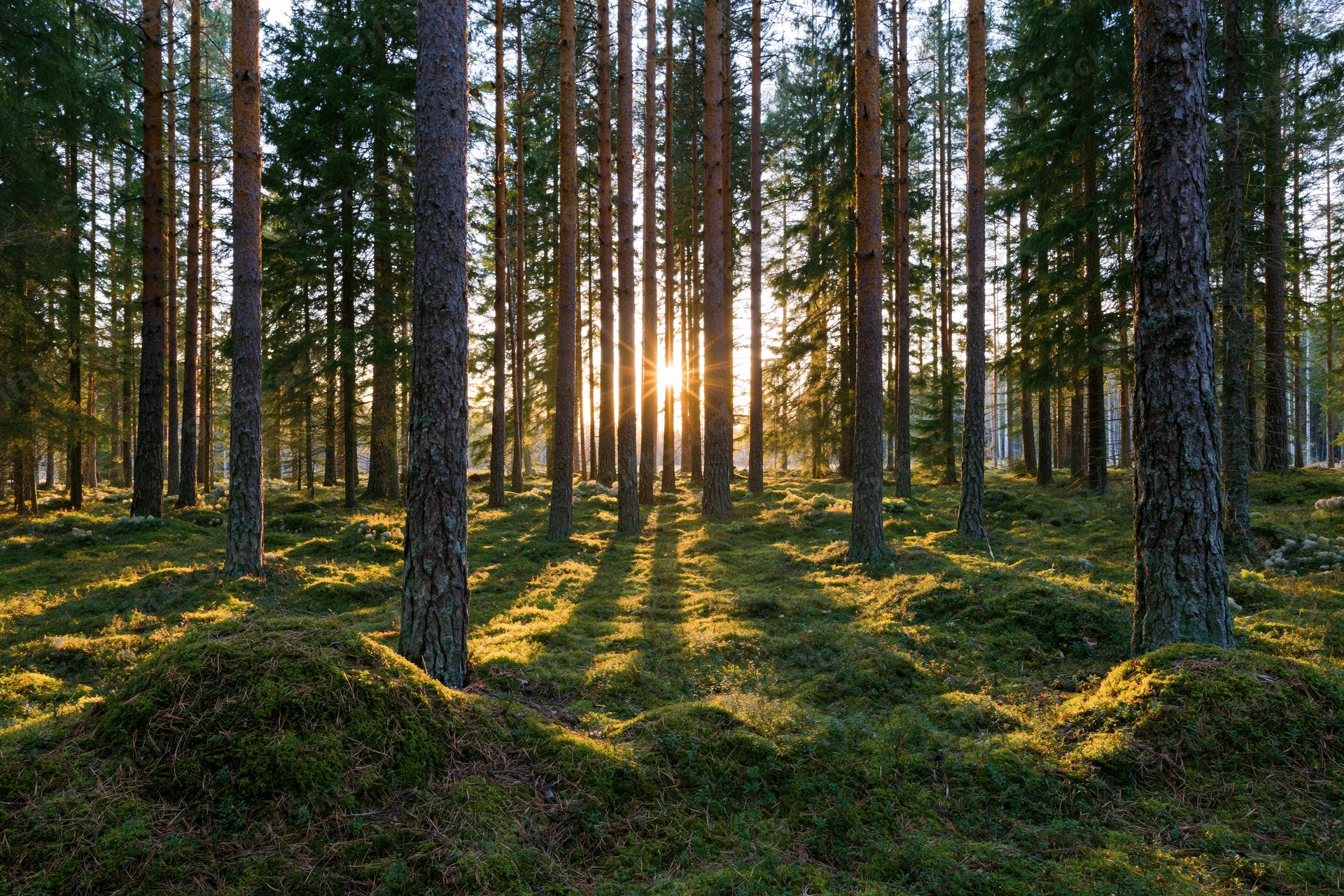 Sunlight filtering through tall pine and spruce trees in a moss-covered forest at low angle