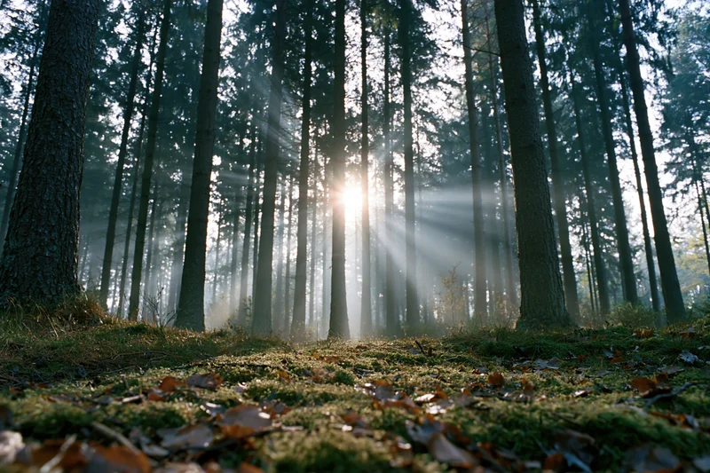 Sunbeams filtering through tall pine trees in a misty forest at dawn