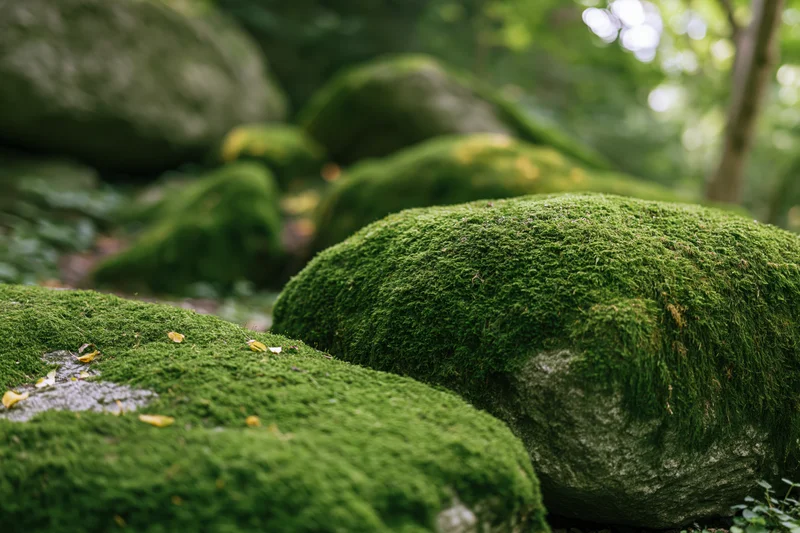 Thick green moss covering large rounded boulders in a forest setting