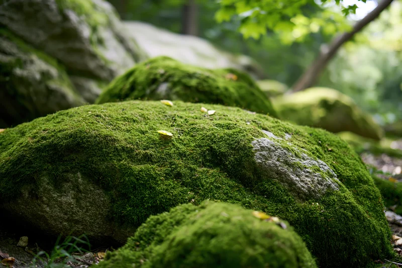 Thick green moss covering large rounded boulders in a forest setting
