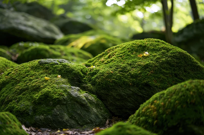 Thick green moss covering large rounded boulders in a forest setting