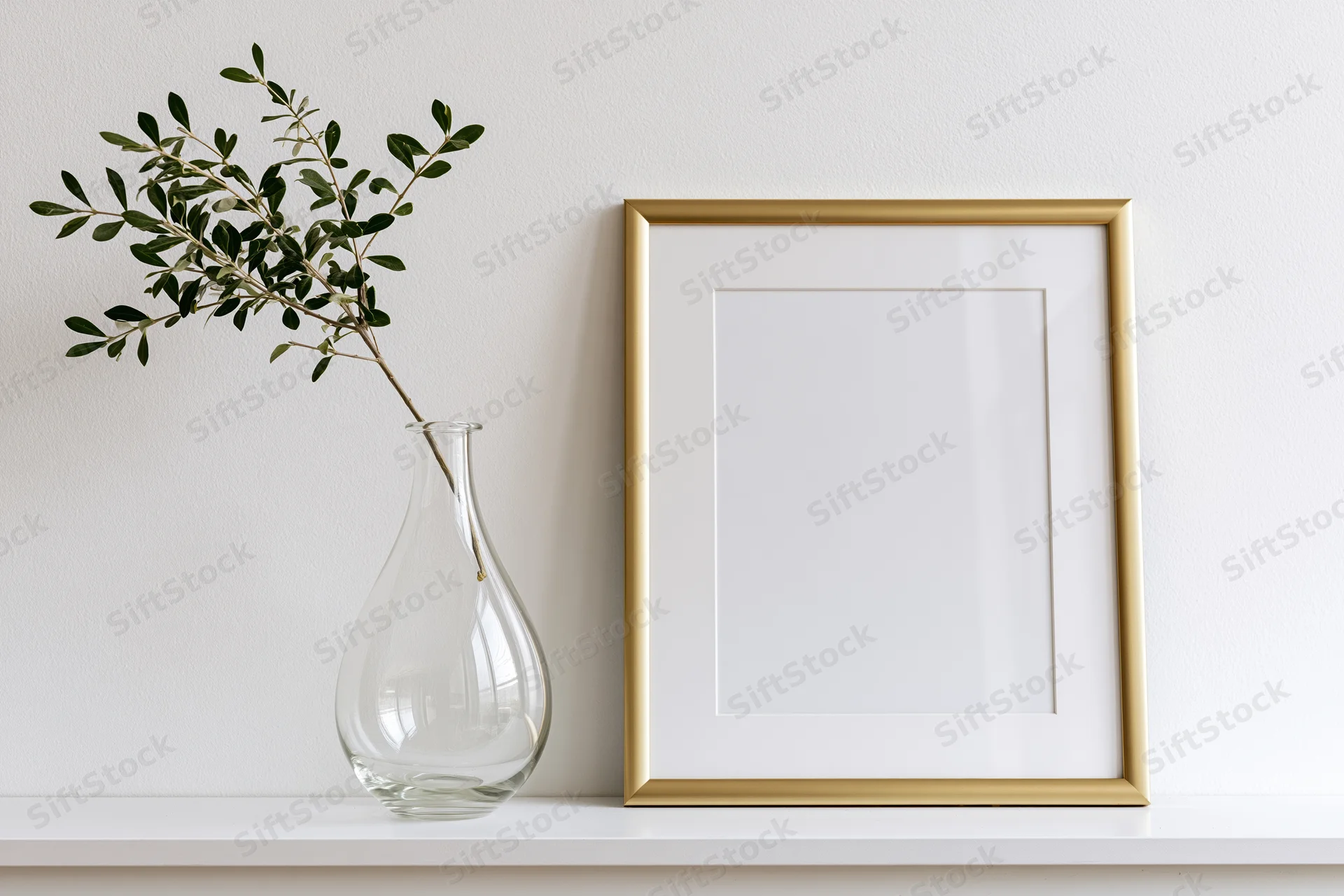 Gold picture frame leaning on white shelf beside glass vase with olive branch