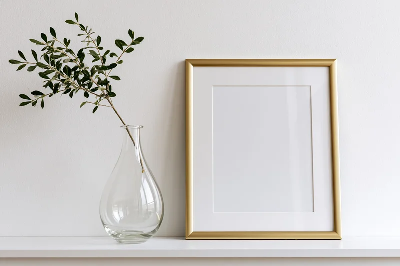 Gold picture frame leaning on white shelf beside glass vase with olive branch