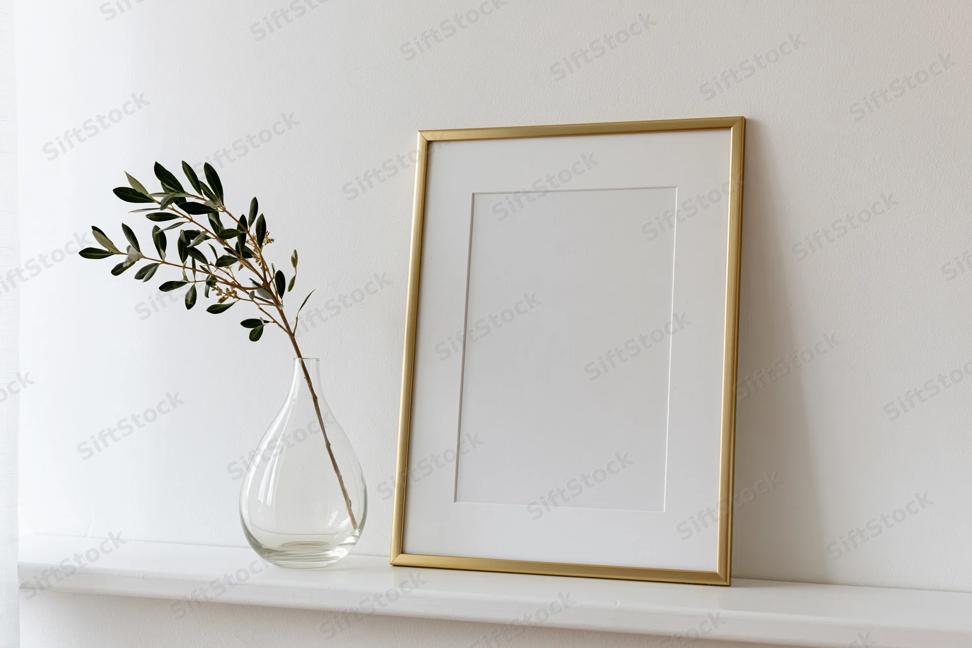 Gold frame leaning against white wall on shelf beside glass vase with olive branch