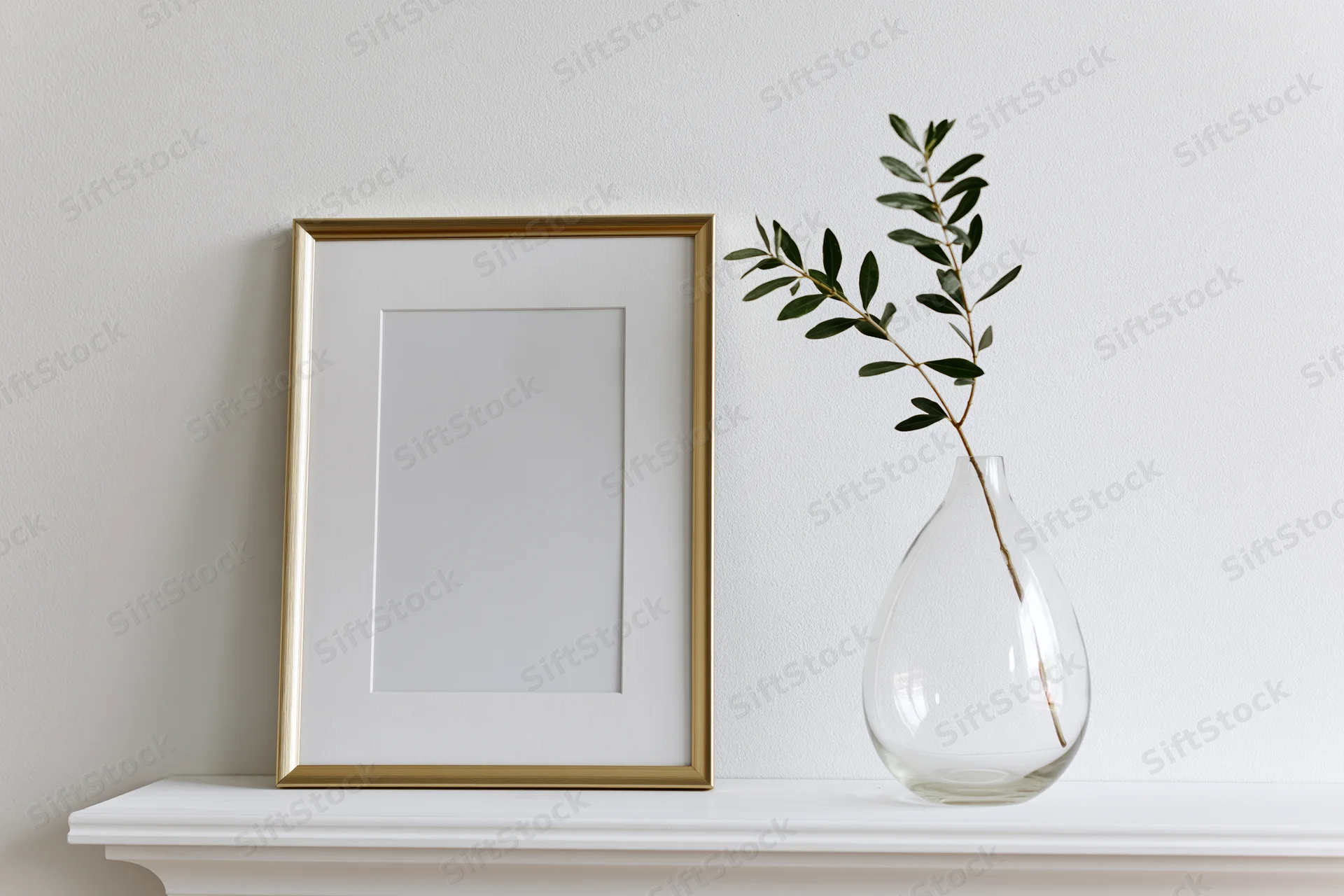 Gold picture frame with blank white mat and olive branch in glass vase on white shelf against wall