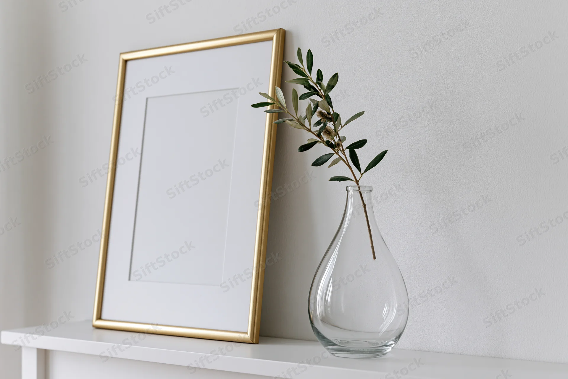 Gold picture frame leaning on white shelf beside glass vase with olive branch