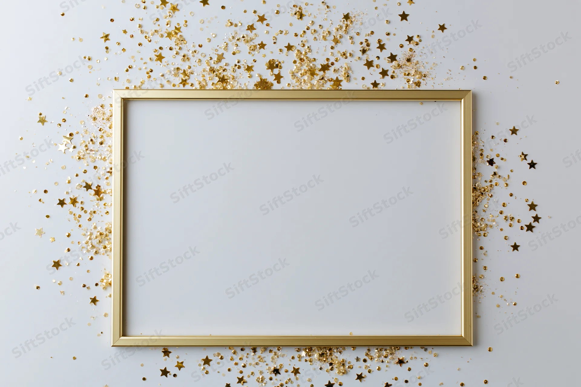 Gold picture frame with scattered golden star confetti on pale grey surface