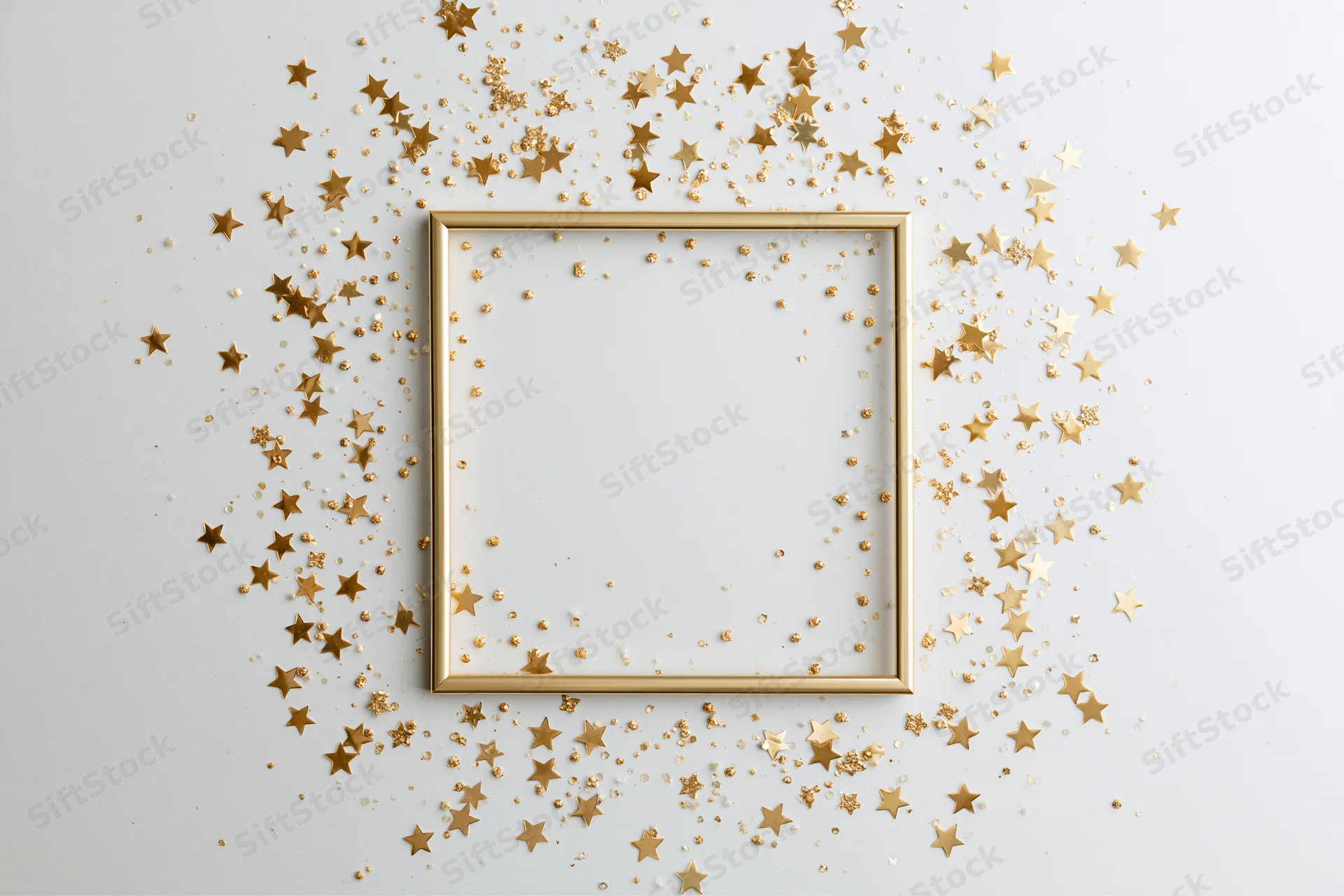 Gold frame with scattered star confetti on white surface
