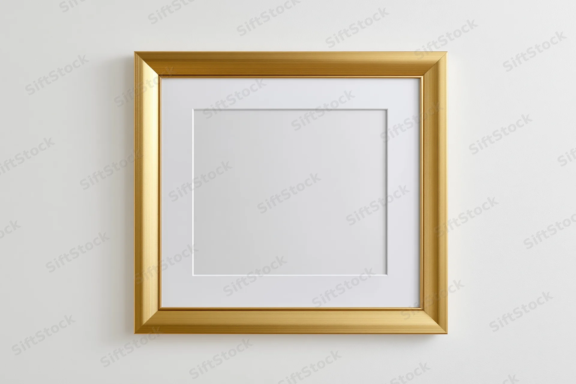 Gold picture frame with white mat hanging on a plain wall