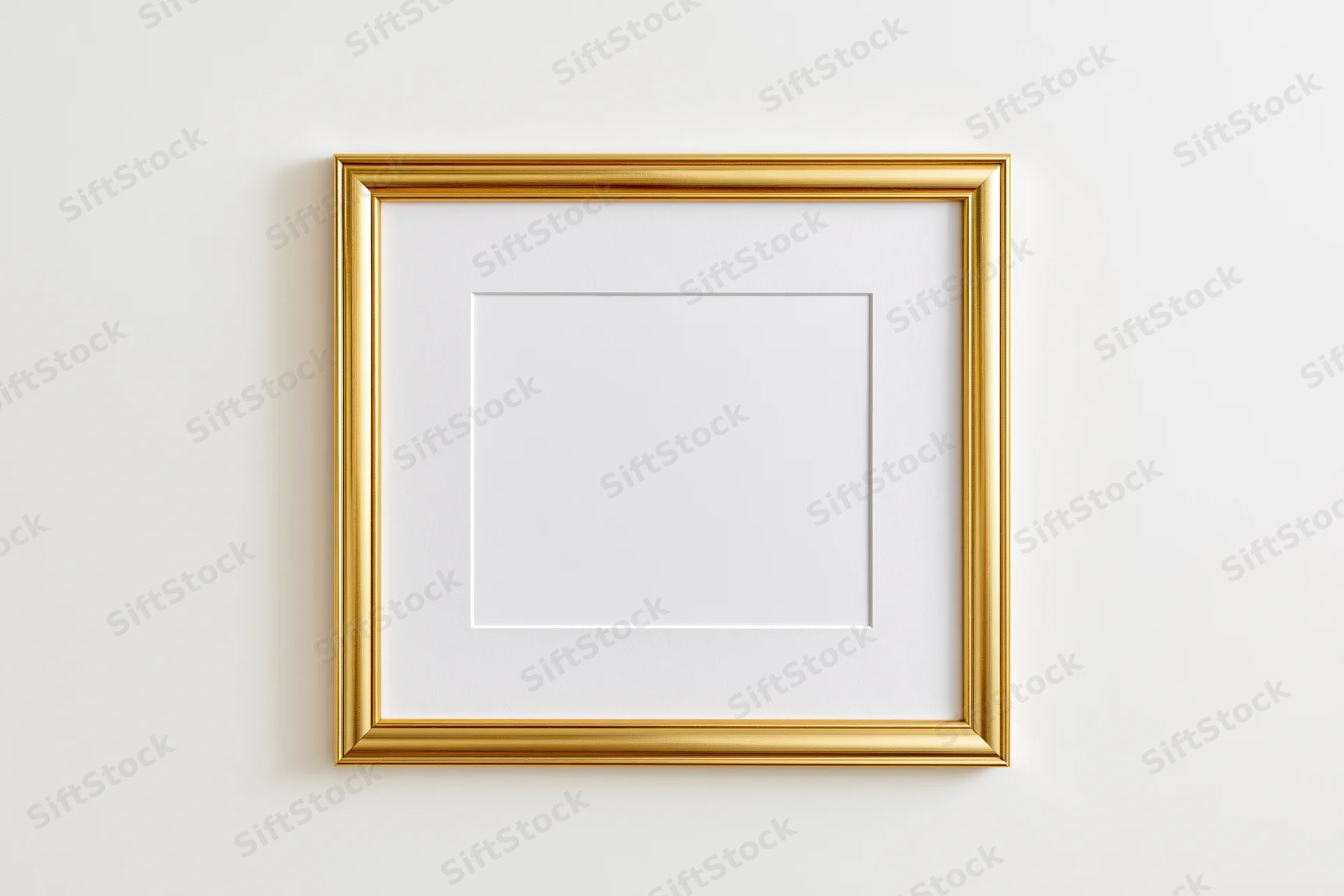 Gold picture frame with white mat hanging on white wall